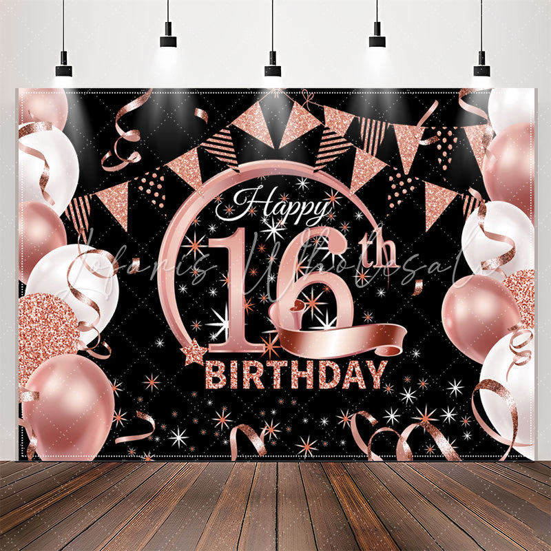 Lofaris Balloons Pink Sparkling Black 16th Birthday Backdrop