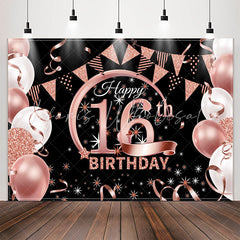 Lofaris Balloons Pink Sparkling Black 16th Birthday Backdrop