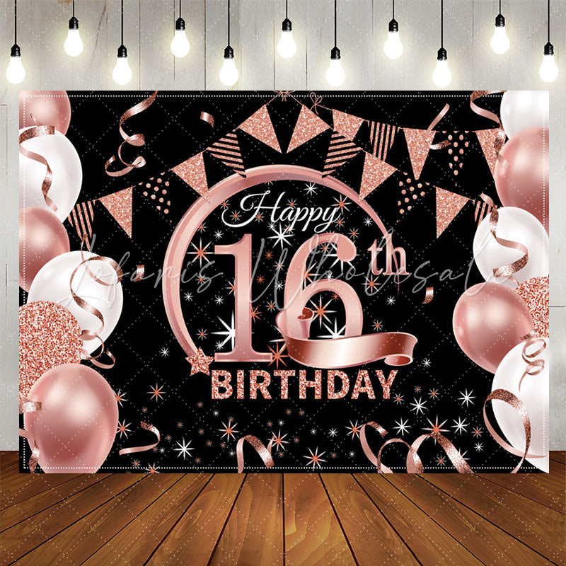 Lofaris Balloons Pink Sparkling Black 16th Birthday Backdrop
