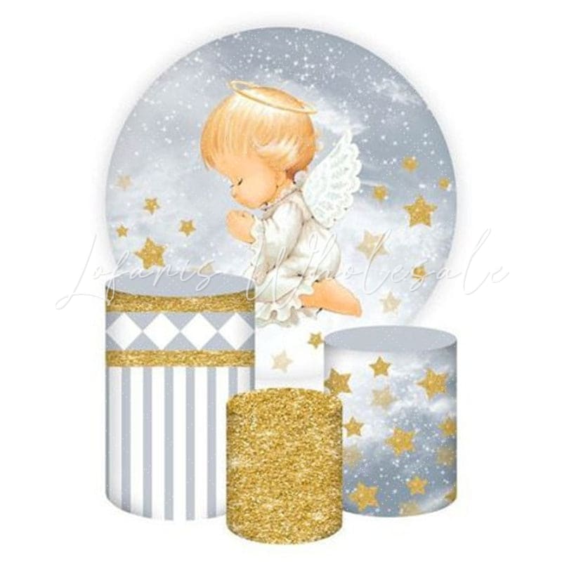 Baptized Angel Themed Round Backdrop and Cylinders Kit for Events