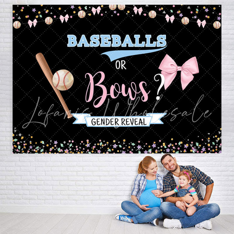 Lofaris Baseballs or Bows Blue Pink Baby Shower Backdrop
