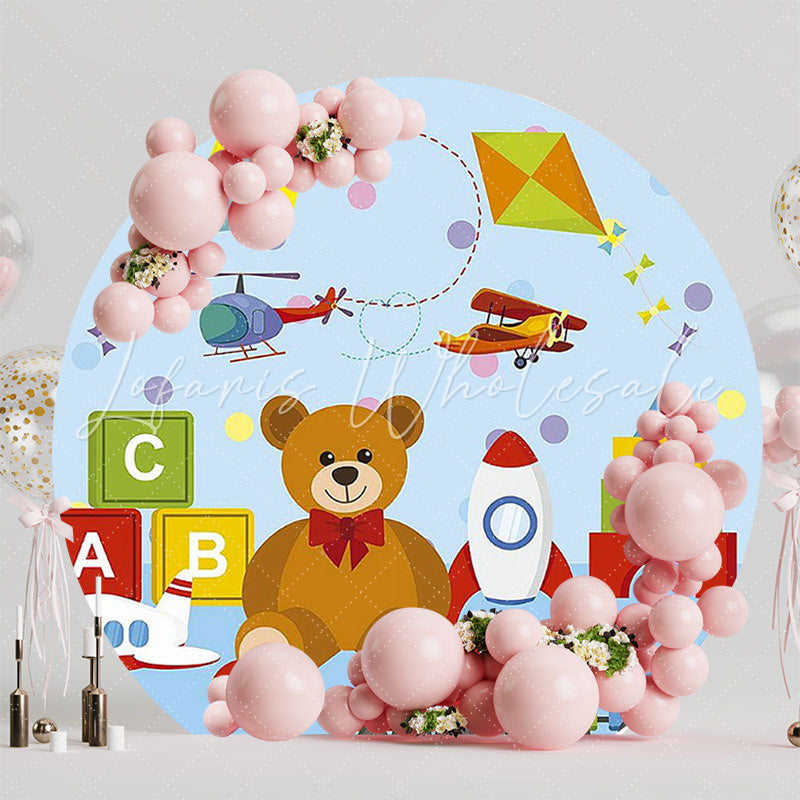 Bear and Toys Round Backdrop for Kids Party Celebration