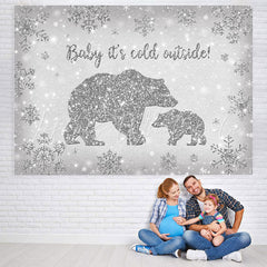 Lofaris Bear Baby Its Cold Outside Silver Snowflake Shower Backdrop
