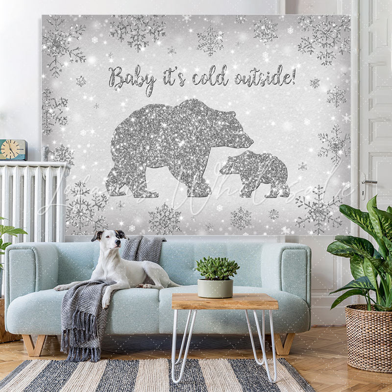 Lofaris Bear Baby Its Cold Outside Silver Snowflake Shower Backdrop
