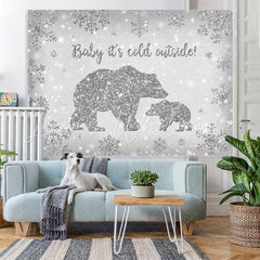 Lofaris Bear Baby Its Cold Outside Silver Snowflake Shower Backdrop