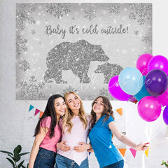 Lofaris Bear Baby Its Cold Outside Silver Snowflake Shower Backdrop