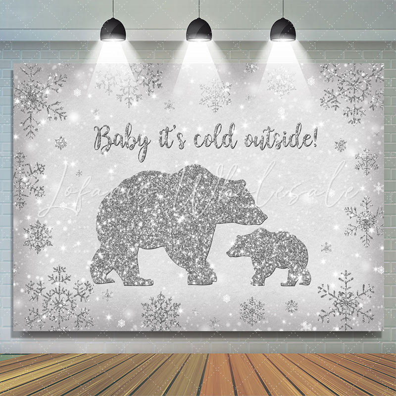 Lofaris Bear Baby Its Cold Outside Silver Snowflake Shower Backdrop