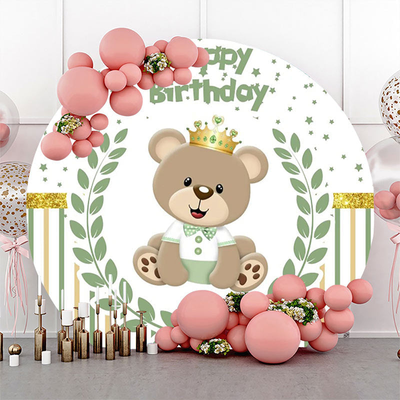 Lofaris Bear Green Leaf Stars Stripe Round Birthday Backdrop