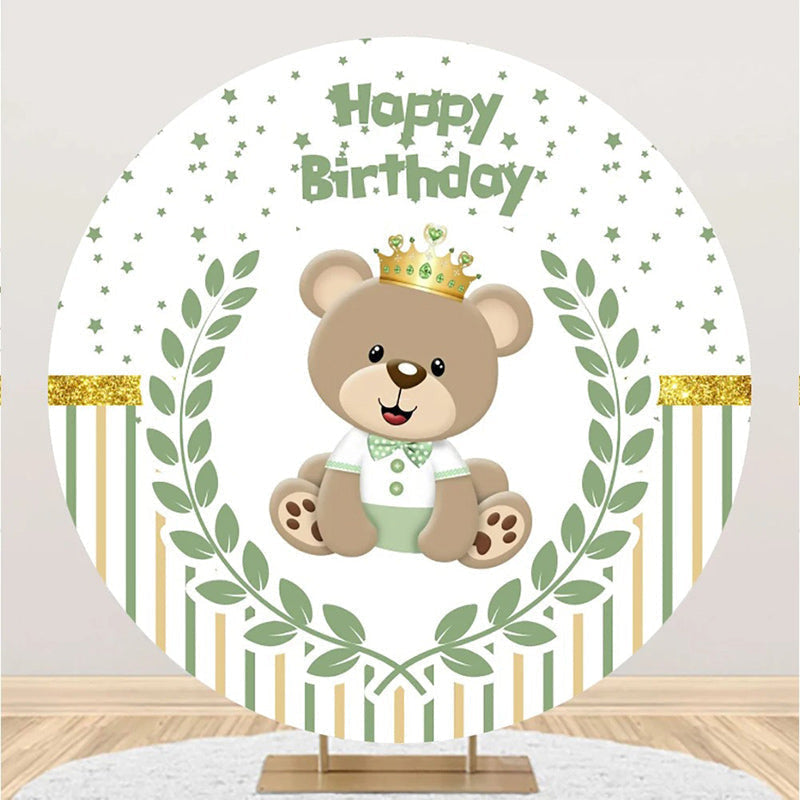 Lofaris Bear Green Leaf Stars Stripe Round Birthday Backdrop