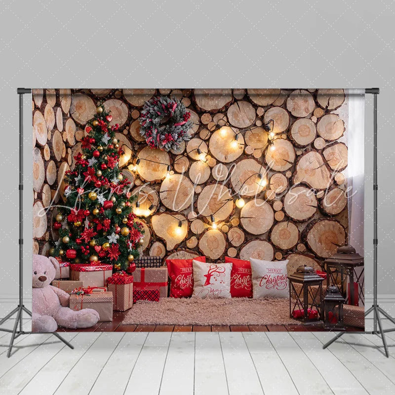 Lofaris Bear Wooden Wall Christmas Tree Lights Photo Scene Backdrop