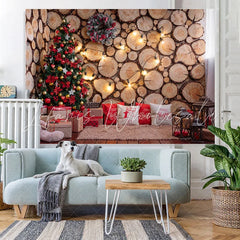 Lofaris Bear Wooden Wall Christmas Tree Lights Photo Scene Backdrop