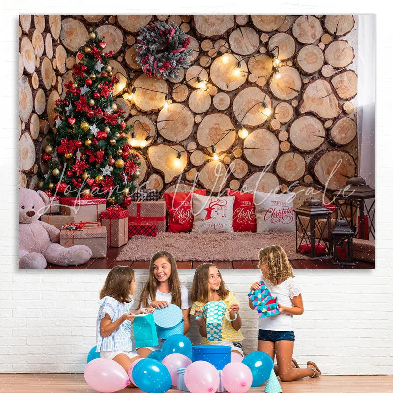 Lofaris Bear Wooden Wall Christmas Tree Lights Photo Scene Backdrop