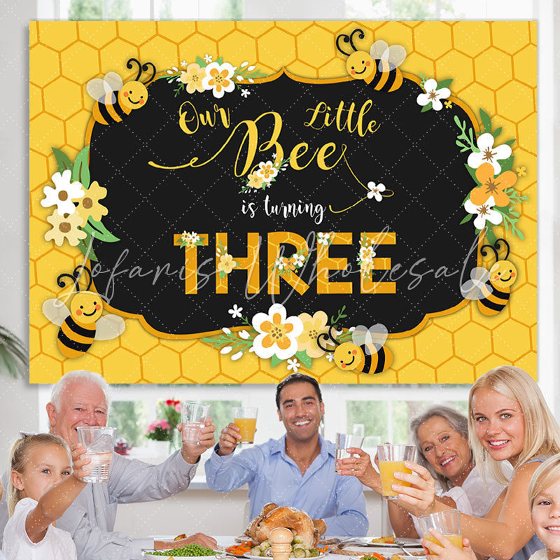 Lofaris Bee Three Summer Yellow Happy 3Rd Birthday Backdrop