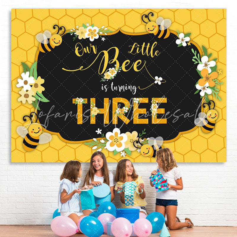 Lofaris Bee Three Summer Yellow Happy 3Rd Birthday Backdrop