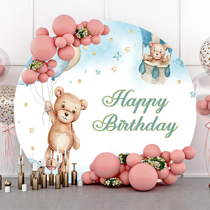 Lofaris Beige Blue Balloon Bear Star Round Birthday Backdrop