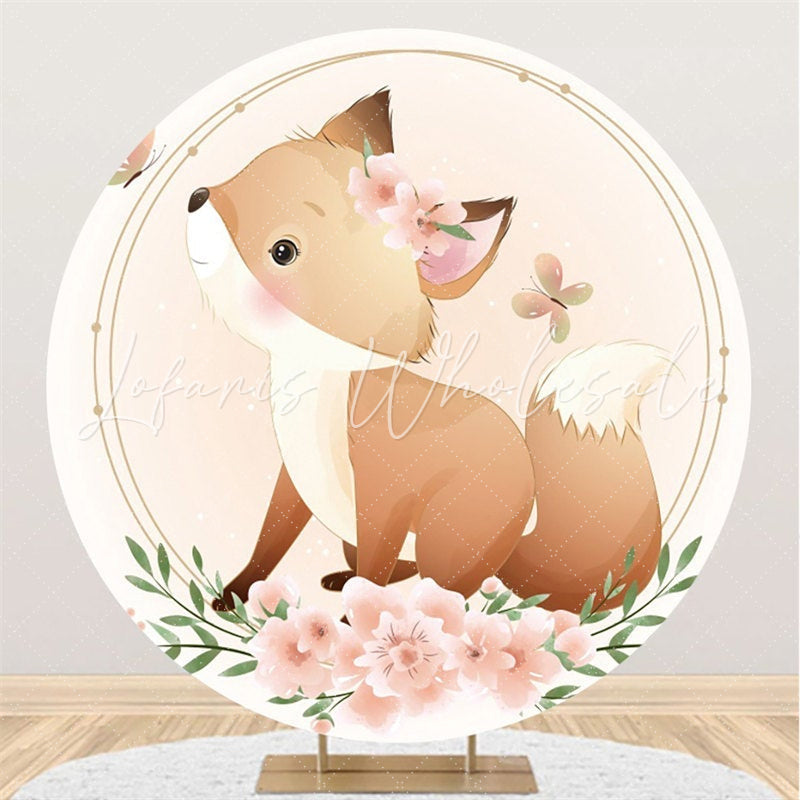 Lofaris Beige Cute Fox Pink Flowers Butterfly Circle Backdrop