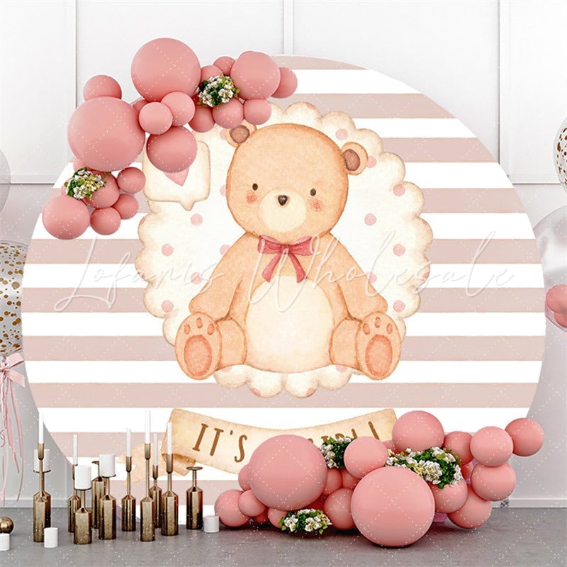 Lofaris Beige-White Stripe Bear Theme Round Baby Shower Backdrop