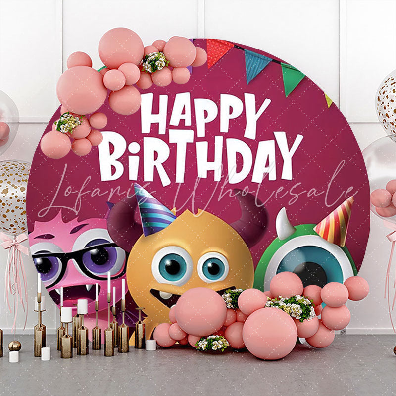 Lofaris Berry Red Cute Monster Round Happy Birthday Backdrop