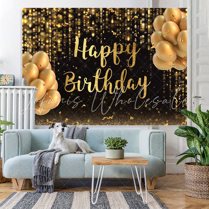 Lofaris Black And Gold Ballon Glitter Happy Birthday Backdrop