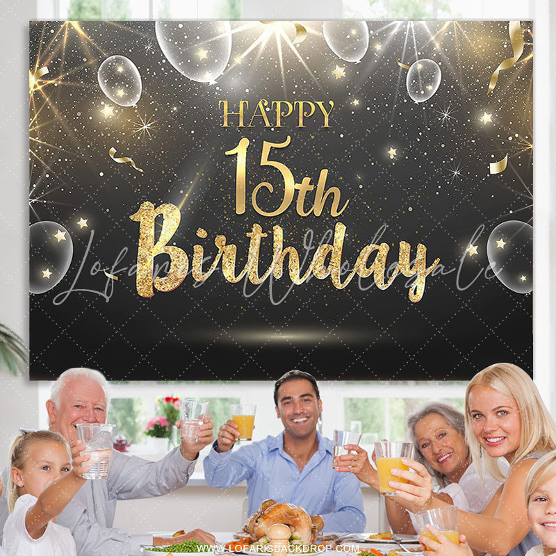 Lofaris Black And Gold Bokeh Balloons Happy 15th Birthday Backdrop