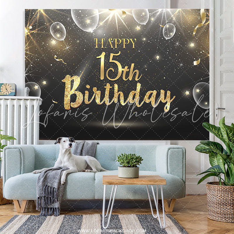Lofaris Black And Gold Bokeh Balloons Happy 15th Birthday Backdrop