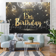 Lofaris Black And Gold Bokeh Balloons Happy 15th Birthday Backdrop