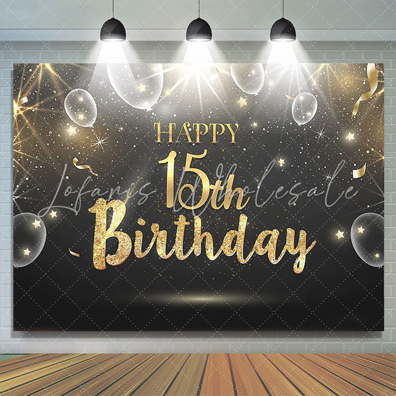 Lofaris Black And Gold Bokeh Balloons Happy 15th Birthday Backdrop