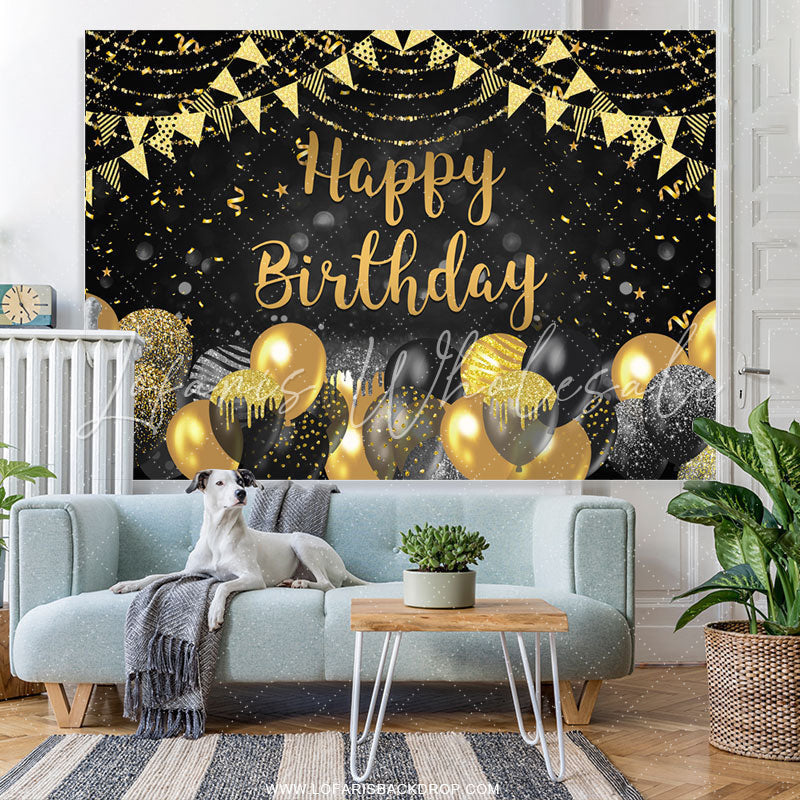 Lofaris Black And Gold Bokeh Glitter Happy Birthday Backdrop