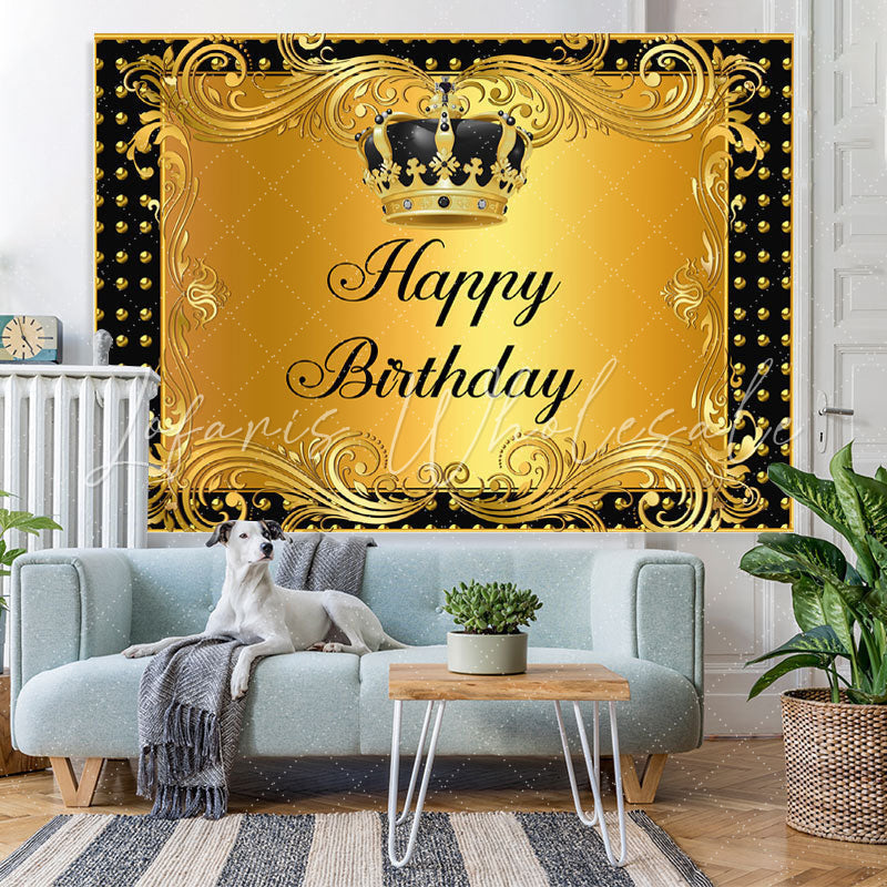 Lofaris Black and Gold Crown Curtain Happy Birthday Backdrop