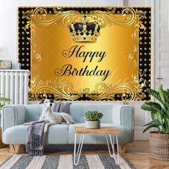 Lofaris Black and Gold Crown Curtain Happy Birthday Backdrop