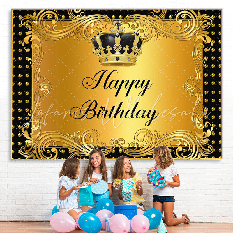 Lofaris Black and Gold Crown Curtain Happy Birthday Backdrop
