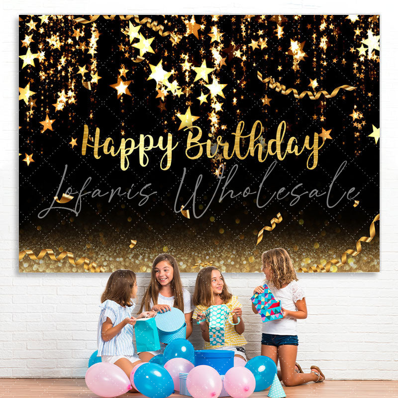Lofaris Black and Gold stars Bokeh Happy Birthday Backdrop