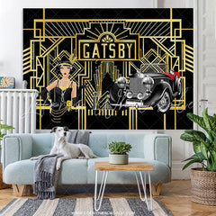 Lofaris Black And Gold Stripes Girl Car Birthday Backdrop