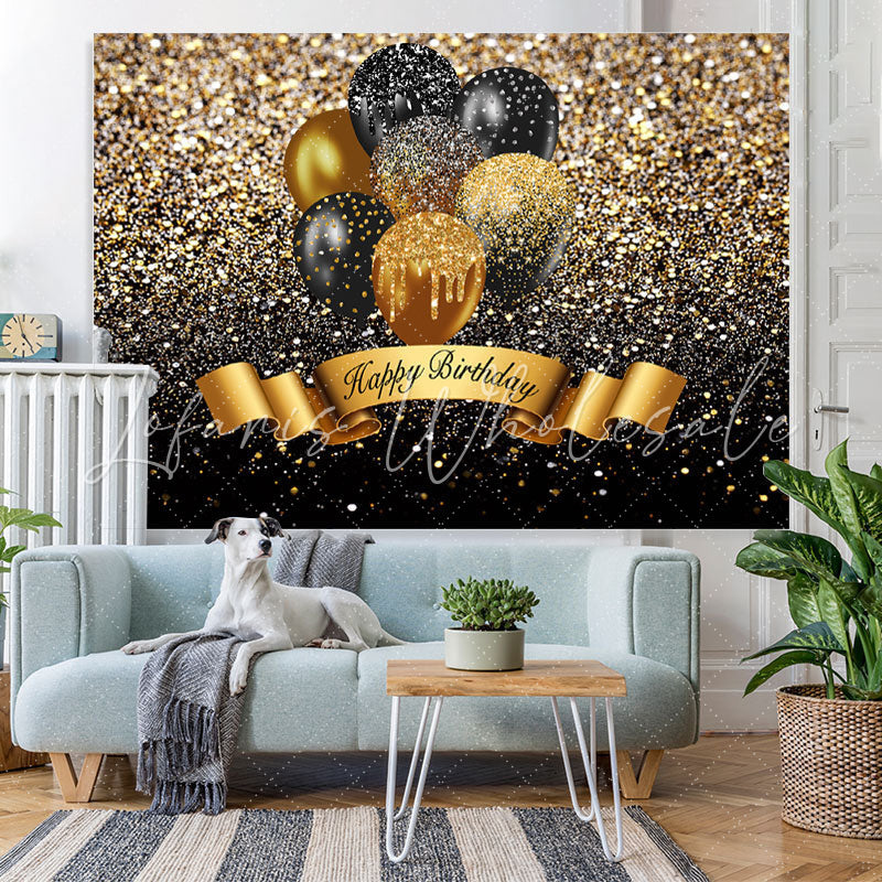 Lofaris Black And Golden Glitter Balloon Happy Birthday Backdrop