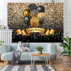 Lofaris Black And Golden Glitter Balloon Happy Birthday Backdrop