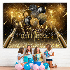Lofaris Black And Golden Glitter Balloon Theme Birthday Backdrop