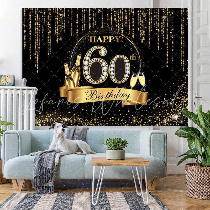 Lofaris Black And Golden Glitter Happy 60Th Birthday Backdrop