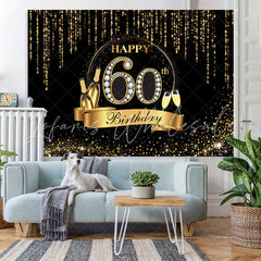 Lofaris Black And Golden Glitter Happy 60Th Birthday Backdrop