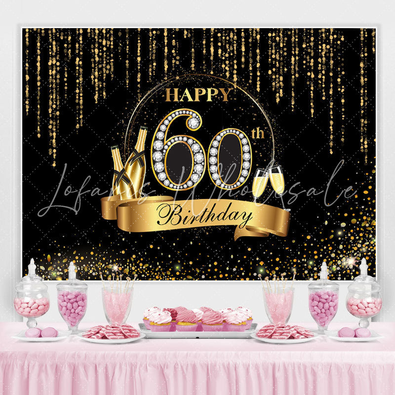 Lofaris Black And Golden Glitter Happy 60Th Birthday Backdrop
