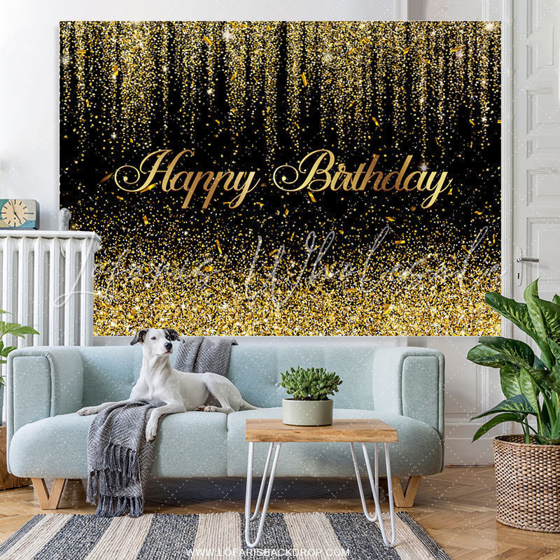Lofaris Black And Golden Many Ribbons Happy Birthday Backdrop