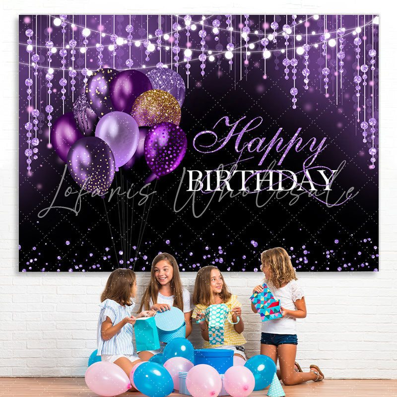 Lofaris Black and Purple Glitter Balloon Happy Birthday Backdrop