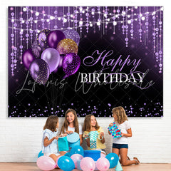 Lofaris Black and Purple Glitter Balloon Happy Birthday Backdrop