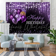 Lofaris Black and Purple Glitter Balloon Happy Birthday Backdrop
