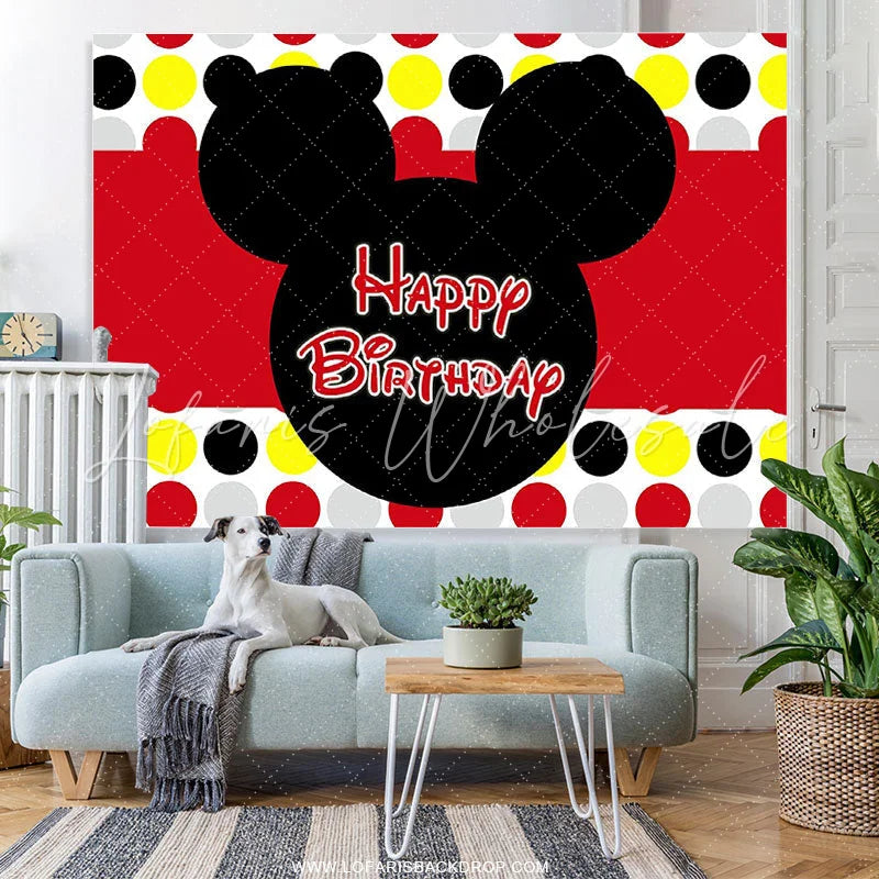 Lofaris Black And Red Cartoon Mouse Happy Birthday Backdrop