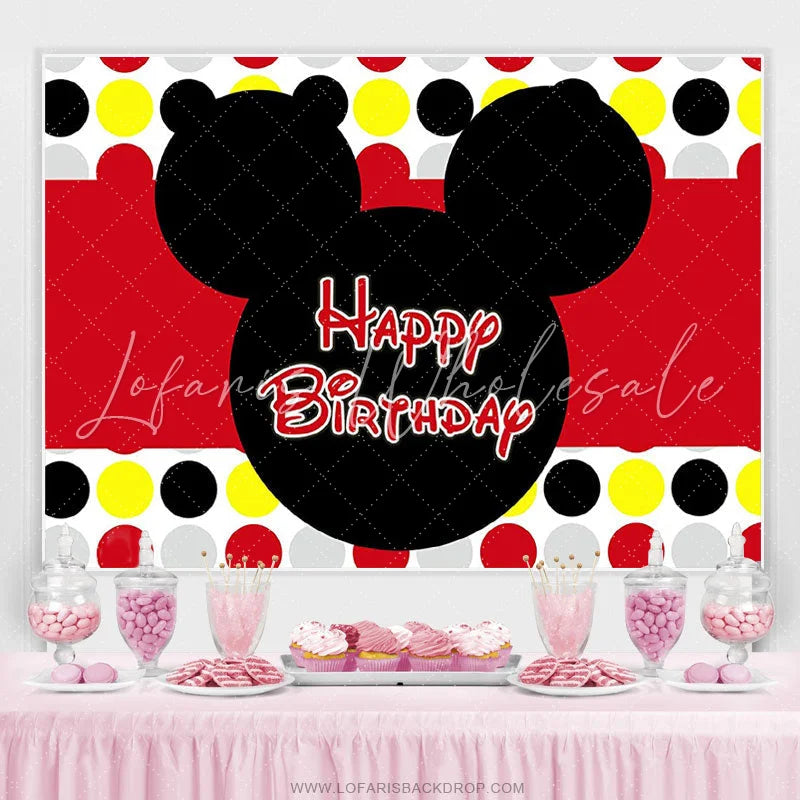 Lofaris Black And Red Cartoon Mouse Happy Birthday Backdrop