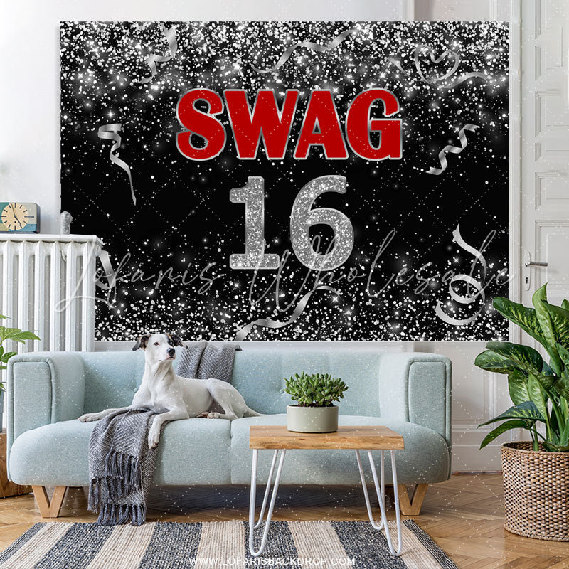 Lofaris Black And Silver Ribbion Swag 16 Birthday Backdrop