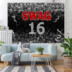 Lofaris Black And Silver Ribbion Swag 16 Birthday Backdrop