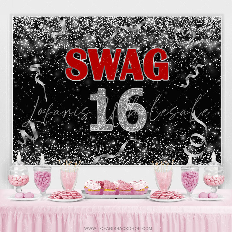 Lofaris Black And Silver Ribbion Swag 16 Birthday Backdrop