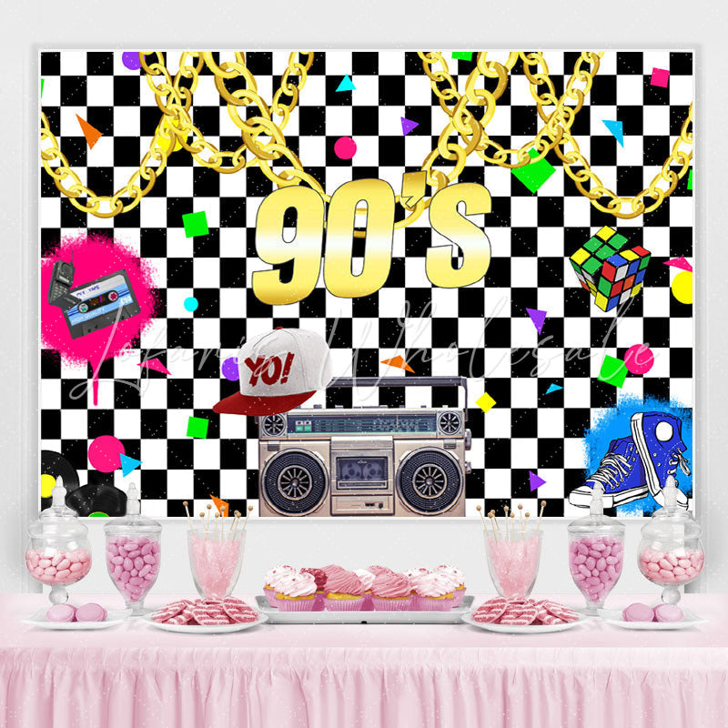 Lofaris Black And White Lattice 90s Birthday Party Backdrop
