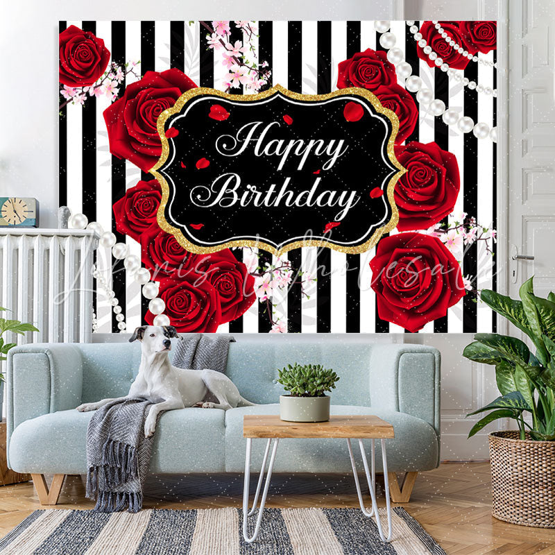Lofaris Black And white Line With Red Rose Birthday Backdrop